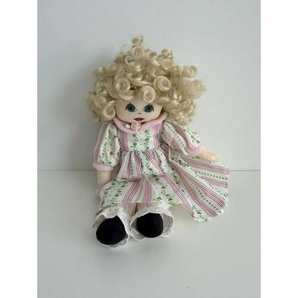 Vintage Style Cloth Rag Doll Blonde Curly Hair Floral Prairie Dress Bloomers 11